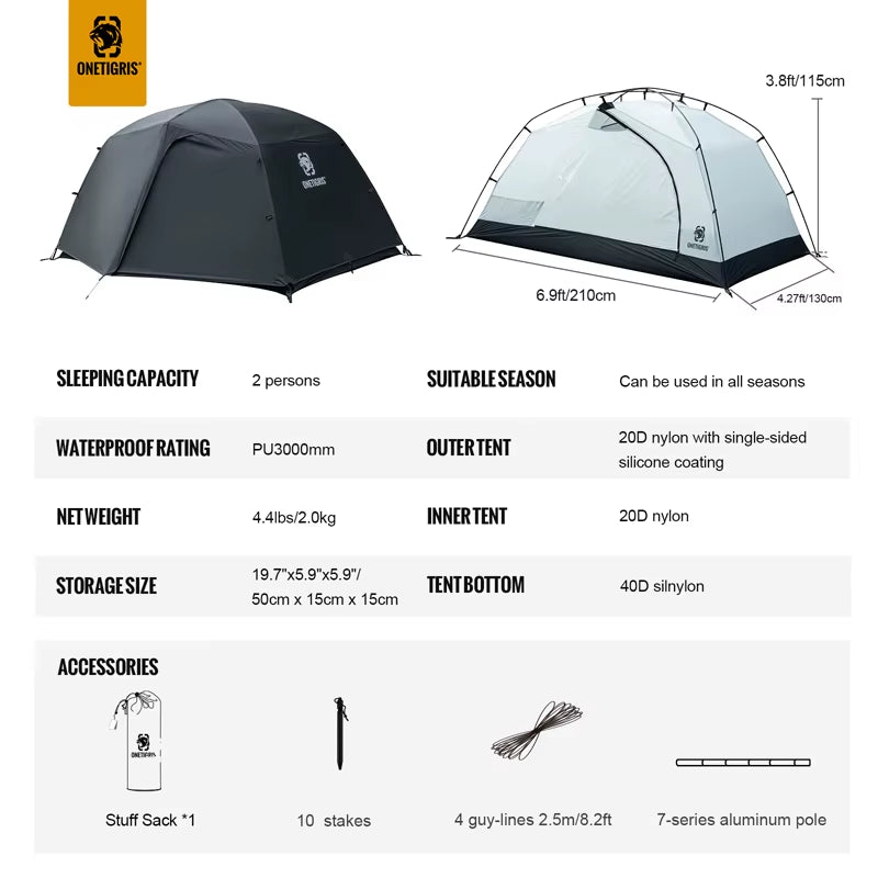 STELLA Camping Tent Black Tigris Series Backpacking Shelter Easy Setup Instant 2-Person 4-Season Tent for Hiking